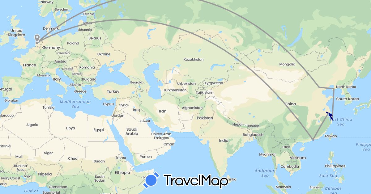 TravelMap itinerary: driving, plane in China, Netherlands (Asia, Europe)